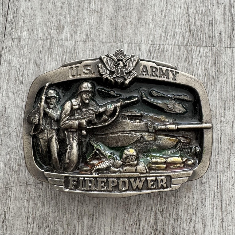 Vintage US Army Firepower Belt Buckle Badge 1983 Pewter Military USA 1071